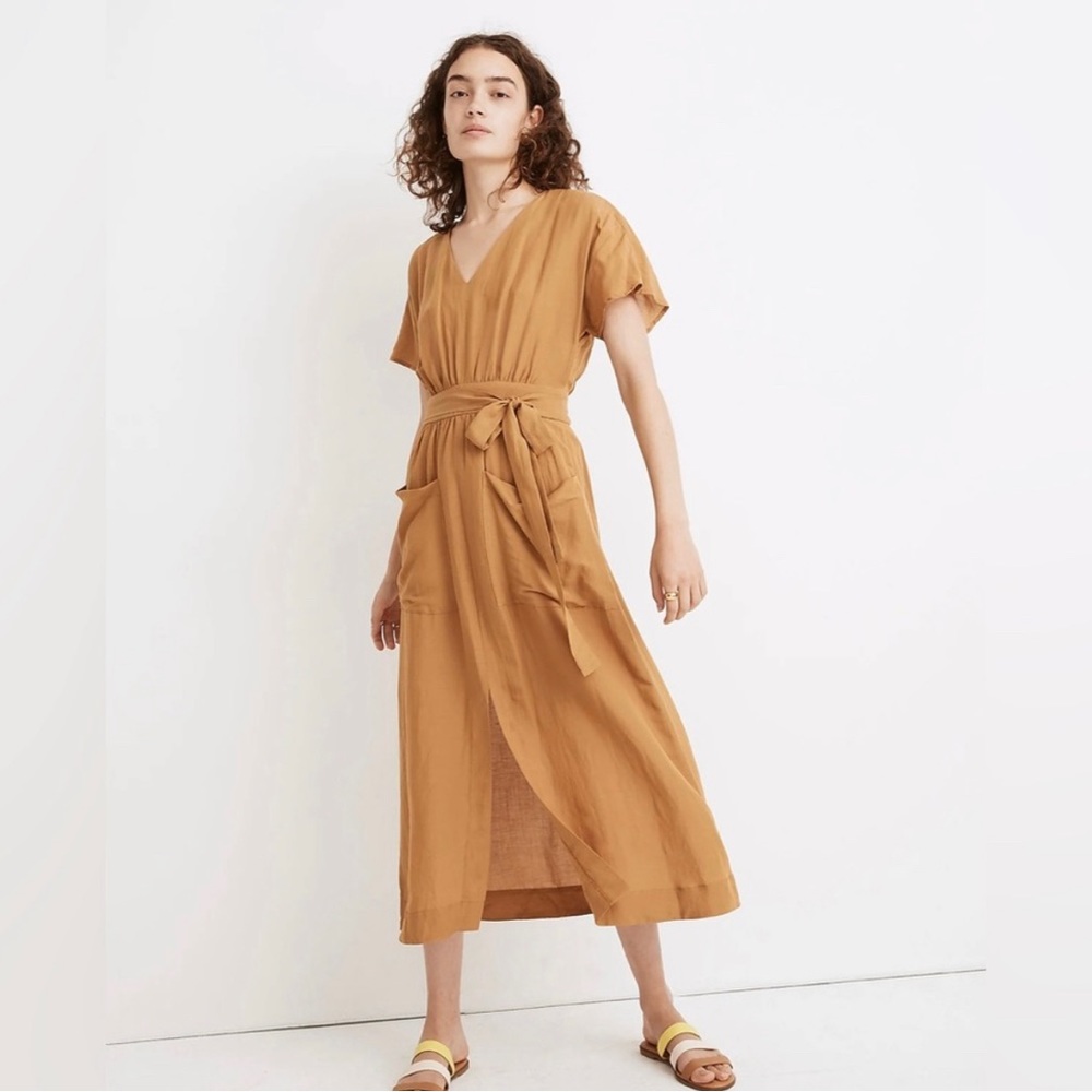 NWT - Linen-Blend Dolman-Sleeve Tie-Waist Midi Dress-Size 8